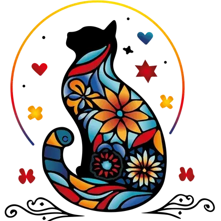 Ein lebhaftes kreisförmiges Design mit einer stilisierten Katze, umgeben von mehrfarbigen Blumen und Herzen auf schwarzem Hintergrund.