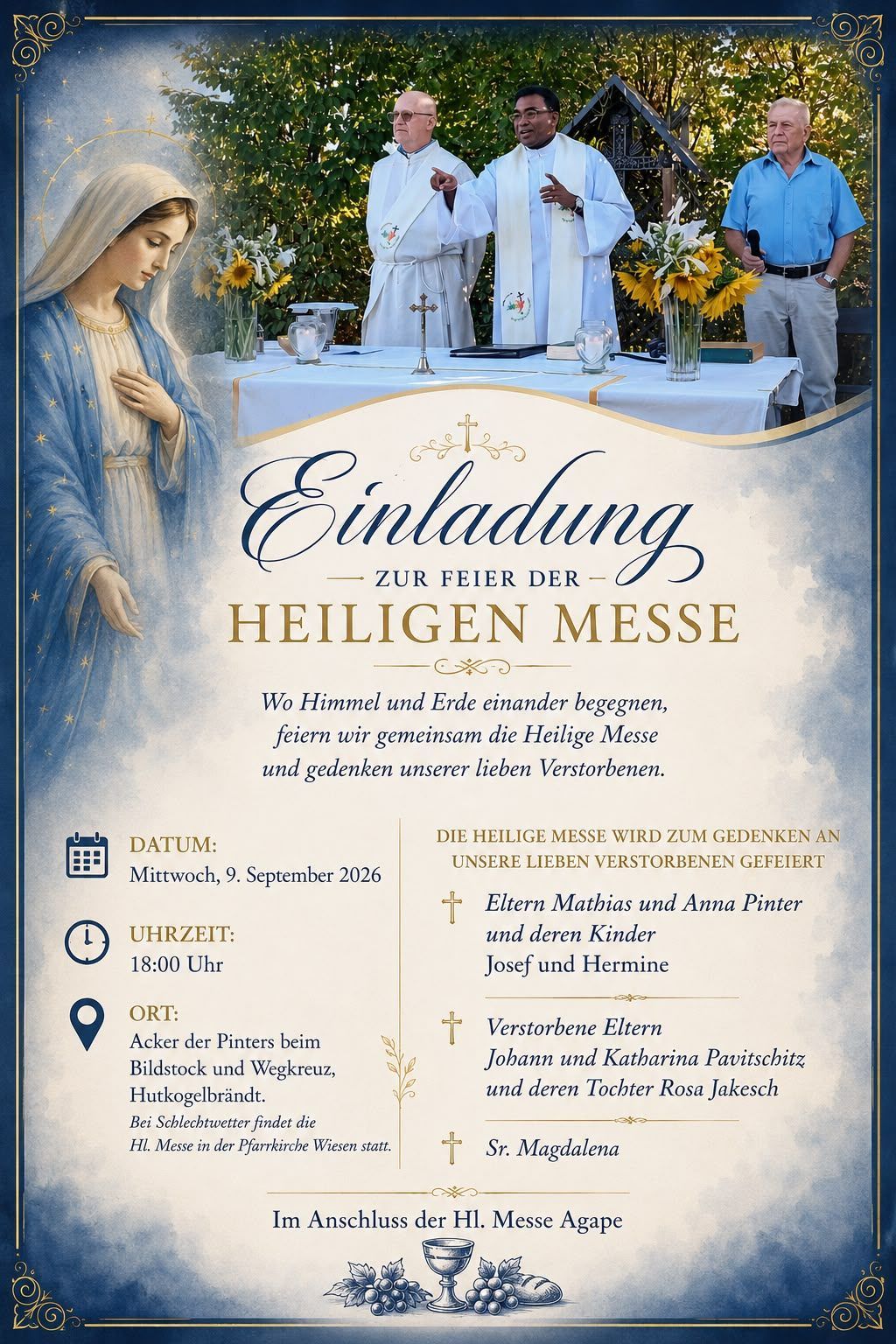 Ein Plakat für eine Heilige Messe mit einem Bild der Jungfrau Maria, einem Tisch mit Blumen und Kerzen und Text auf Deutsch. Das Ereignis ist für den 9. September 2026 um 18:00 Uhr geplant.