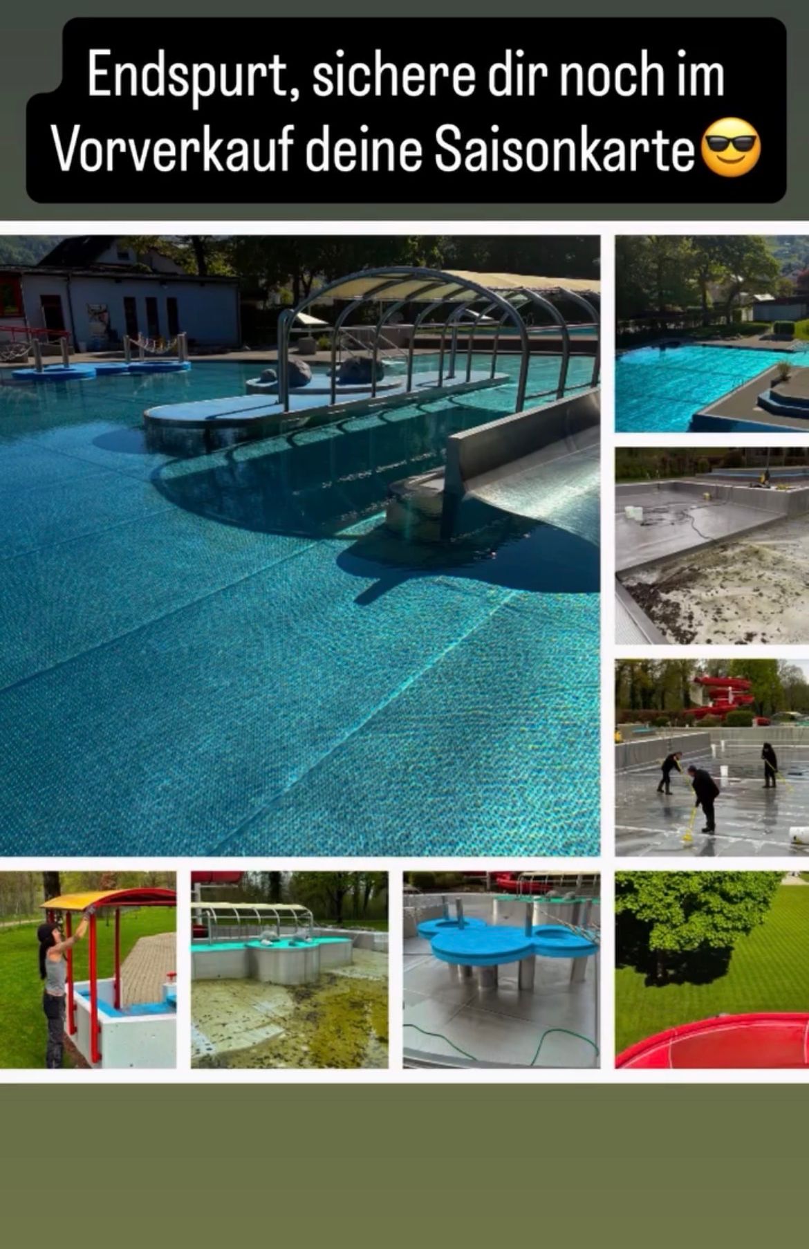 Eine Collage von Bildern, die einen sauberen Poolbereich, Arbeiter, die einen Pool reinigen, einen Pool mit einer Rutsche und einen Pool mit einem überdachten Bereich zeigt.