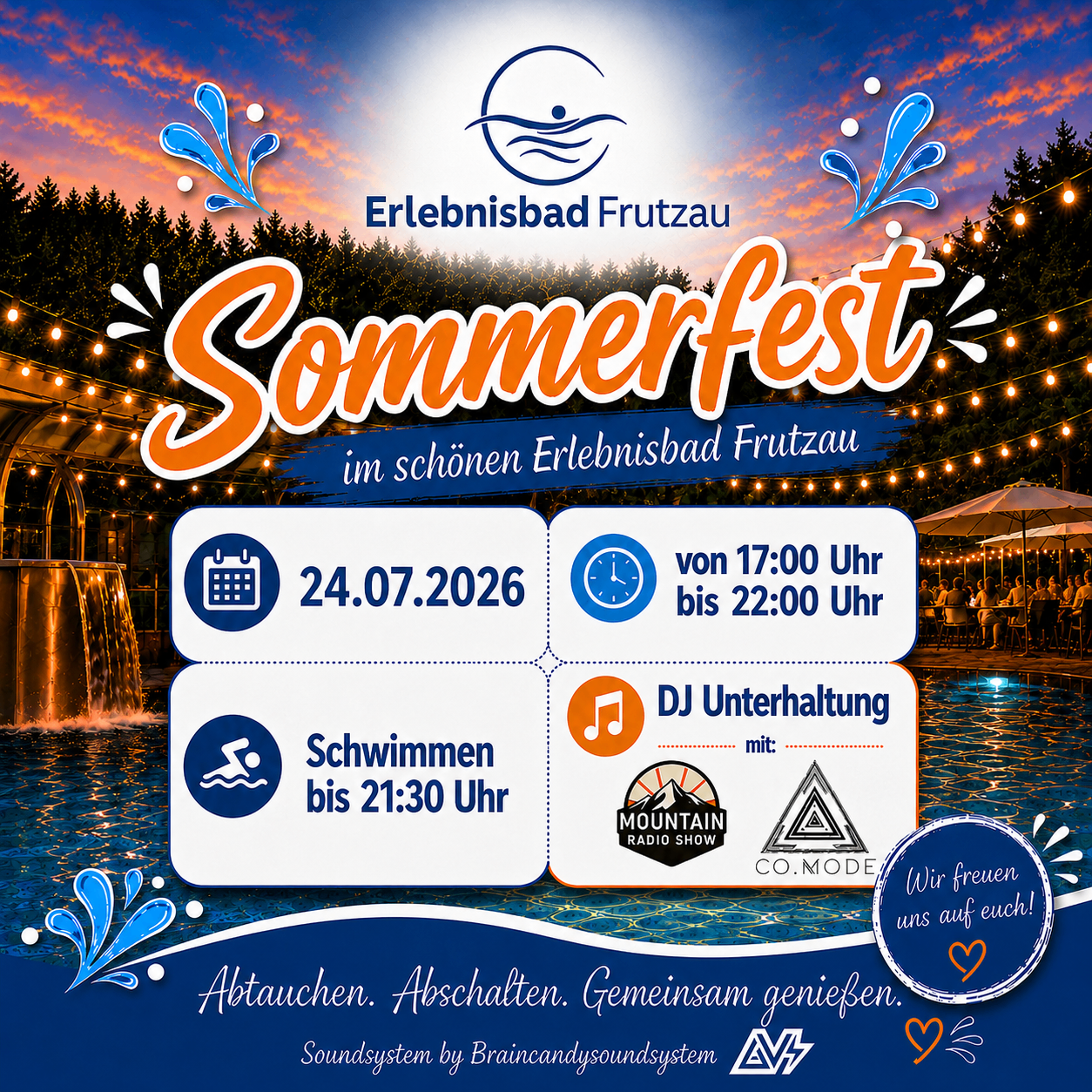 Plakat für das Sommerfest im Erlebnisbad Frutzau mit Pool, DJ-Unterhaltung und Schwimmen bis 21:30. Die Veranstaltung findet am 24.07.2026 von 17:00 bis 22:00 Uhr statt.