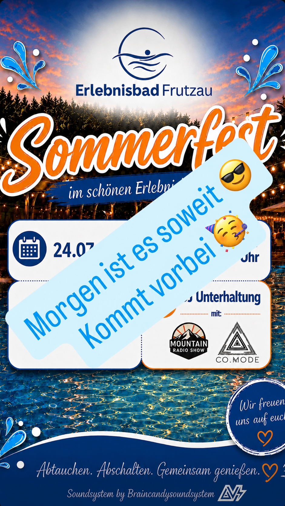 Plakat für ein Sommerfest in Erleben mit Kalender-Symbol, Datum 24.07 und einer Nachricht auf Deutsch mit Emojis. Es enthält Logos für Mountain Radio Show und CO.MODE.