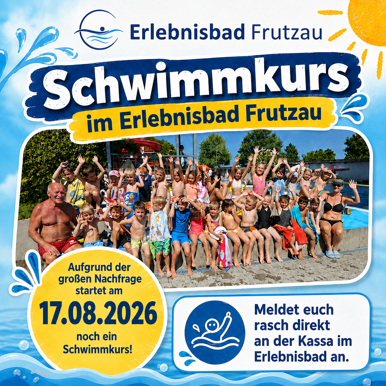 Poster for a swimming course at Erlebnisbad Frutzau starting on August 17, 2026. It features a group of children and adults by the pool, with a blue sky and sun in the background.