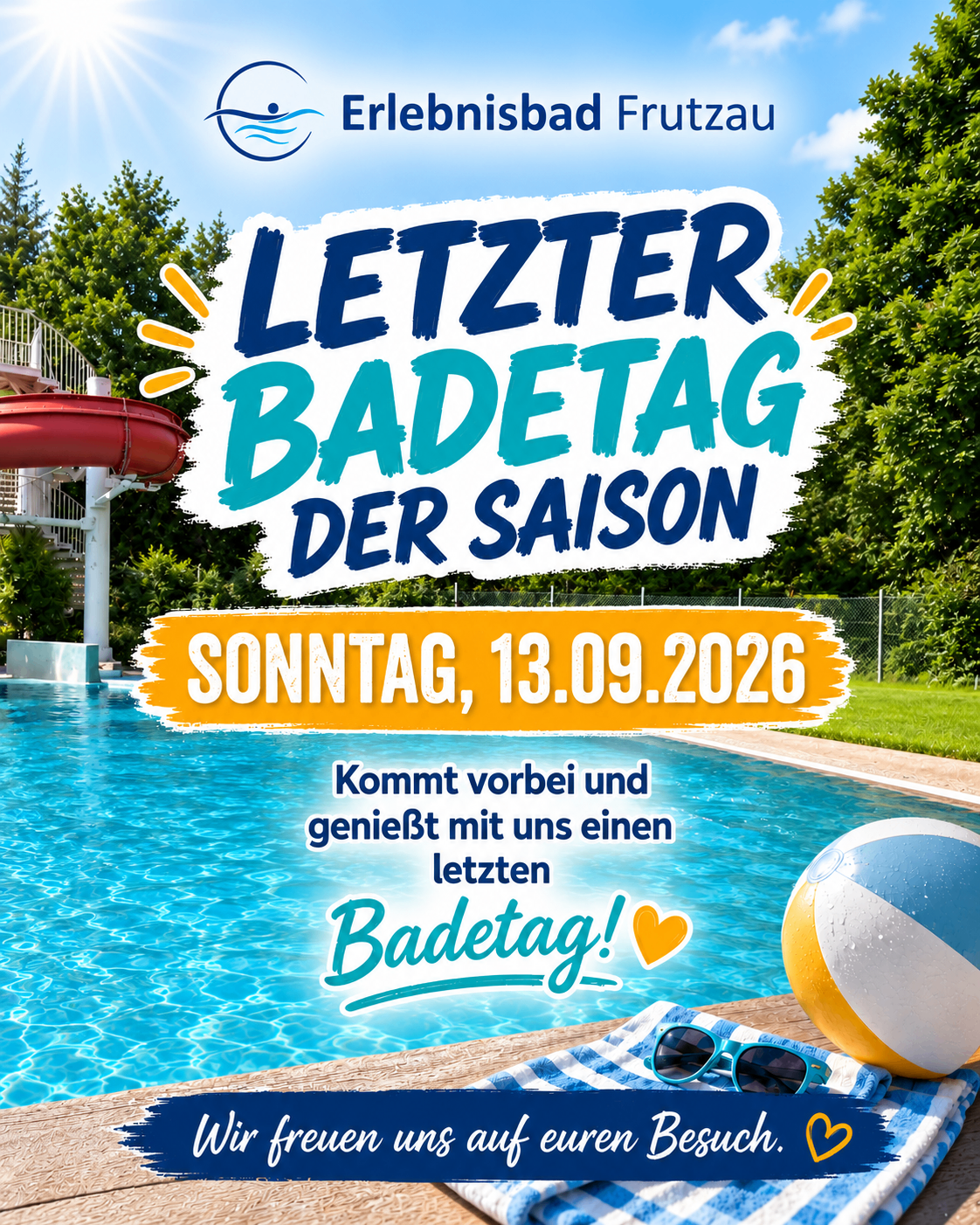 An advertisement for the last swimming day of the season on September 13, 2026. It features a swimming pool, a water slide, and a beach ball.