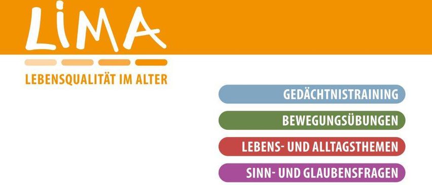 Ein Poster mit dem Wort 'iMA' in weißer Schrift auf orangem Hintergrund, mit vier farbigen Balken mit unterschiedlichen deutschen Texten: Gedächtnisbelastung, Bewegungsübungen, Alltag und Sinn und Glauben.
