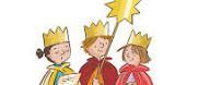 Drei Kinder, die Kronen und Umhänge tragen, stehen zusammen. Eines hält eine Karte, ein anderes einen Stern und das dritte einen Becher. Sie scheinen auf einer Mission zu sein.