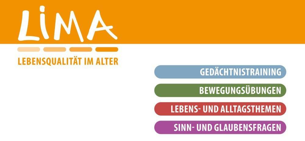 Ein Poster mit orangefarbenem Hintergrund zeigt oben 'iIMA', gefolgt von vier blauen, grünen, roten und lila Balken, die jeweils einen anderen Aspekt des Alterns bezeichnen. Diese Aspekte sind Gedächtnistraining, Bewegungsübungen, alltägliche Aktivitäten und Sinn und Glaube.