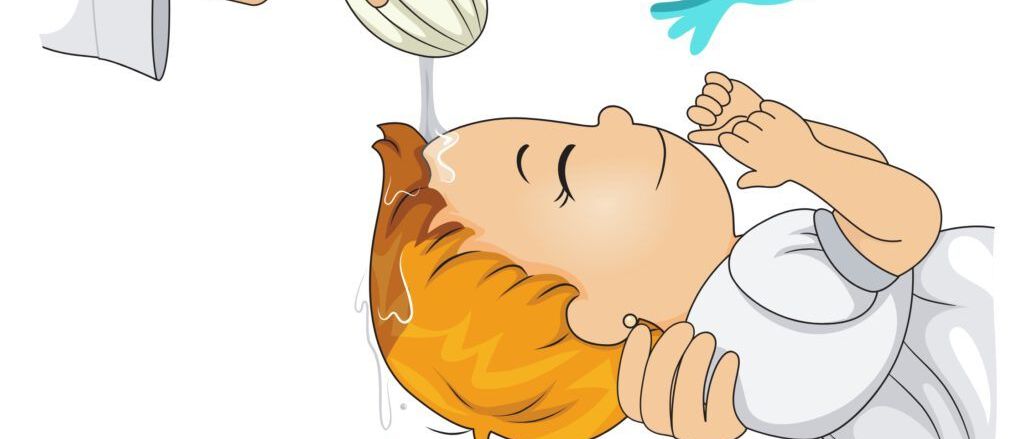 Eine Illustration eines Priesters, der einem Kind Wasser auf den Kopf gießt, während eine blaue Taube oben fliegt.