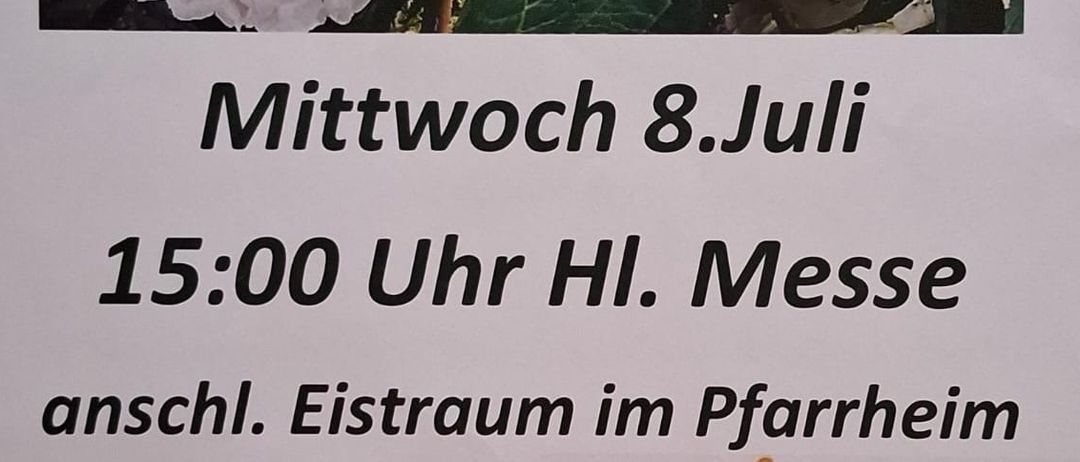 Ein Flyer für eine Sommerveranstaltung. Er zeigt weiße Blumen und enthält Datum, Uhrzeit und Ort. Das Datum ist Mittwoch, 8. Juli, um 15:00 Uhr. Der Ort ist H. Mess, mit einer Eiscremepause im Pfarrheim.