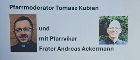 A poster announces a Holy Mass with Pfarrmoderator Tomasz Kubien and Pfarrvikar Andreas Ackermann on Sunday, September 6th at 8:00 PM.