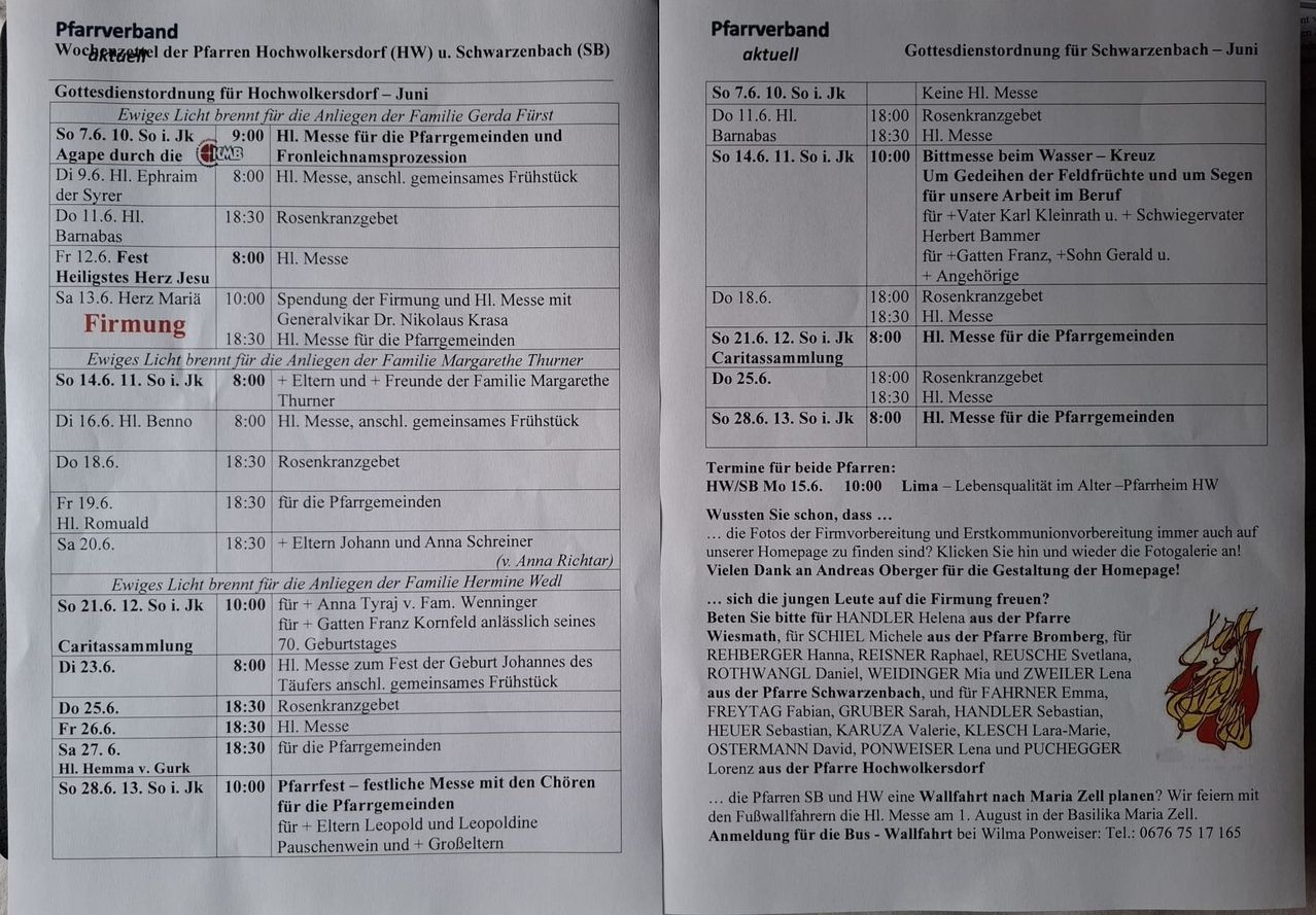 Document lists church events for June, including daily masses, confirmations, and special services. Highlights include the anniversary of the parish community, family masses, and a parish festival with choirs. Times and dates for each event are provided.