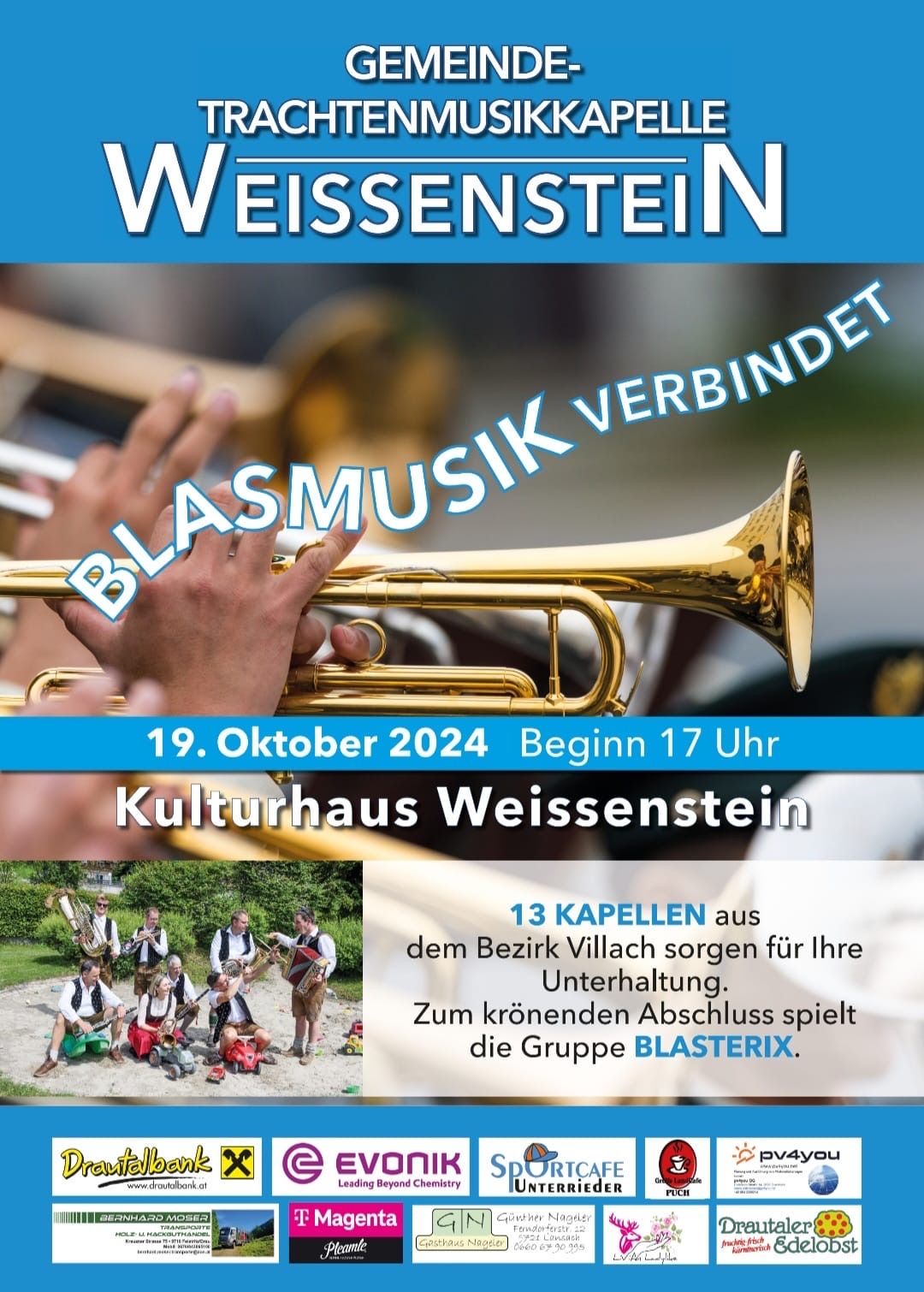 Bild enthält, Advertisement, Poster, Person, Musical Instrument, Brass Section, Horn, People