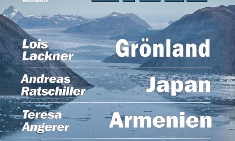 Ein Poster mit einer Bergkette im Hintergrund zeigt mehrere Namen. Der Titel lautet 'ZIELE' und darunter stehen die Namen 'Lois Lackner', 'Andreas Ratschiller', 'Teresa Angerer' und 'Lorena Niescher & Flo Taubmann'. Unter diesen Namen befinden sich die Reiseziele 'Gronland', 'Japan', 'Armenien' und 'Bike & Climb'.