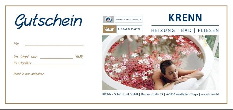 Ein Gutschein für eine Spa-Behandlung in einer Wanne mit Blumen. Er beinhaltet Heizung, Bad und Fliegen. Der Gutschein ist nicht bar einlösbar.