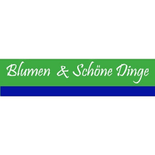 Ein grüner und blauer Banner mit weißem Text, der 'Blumen & Schöne Dinge' lautet. Der Banner befindet sich auf weißem Hintergrund.