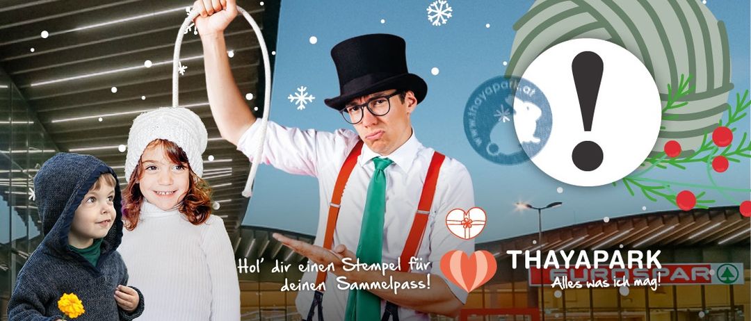 Ein Mann verkleidet als Zauberer mit Zylinder und Hosenträgern, der ein Seil hält, neben einem Kind. Eine Werbegrafik für Thayapari mit Herzen und Logo.