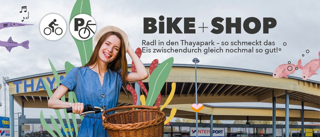 Eine Frau fährt mit einem Korb vorne ein Fahrrad vor einem Gebäude, mit Text über Fahrradverleih im Park.