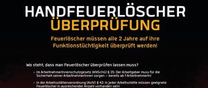 Das Bild zeigt eine Werbung für die Überprüfung von Feuerlöschern. Es betont die Wichtigkeit, Feuerlöscher alle zwei Jahre zu testen. Die Veranstaltung ist für den 2. August 2025 an zwei Orten geplant, mit angegebenen Zeiten. Die Kosten für die Überprüfung betragen 11 Euro pro Feuerlöscher.