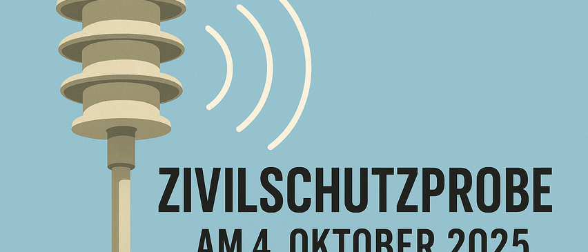 Eine Illustration einer Sirene mit dem Text Zivilschutzprobe auf blauem Hintergrund, datiert auf den 4. Oktober 2021.