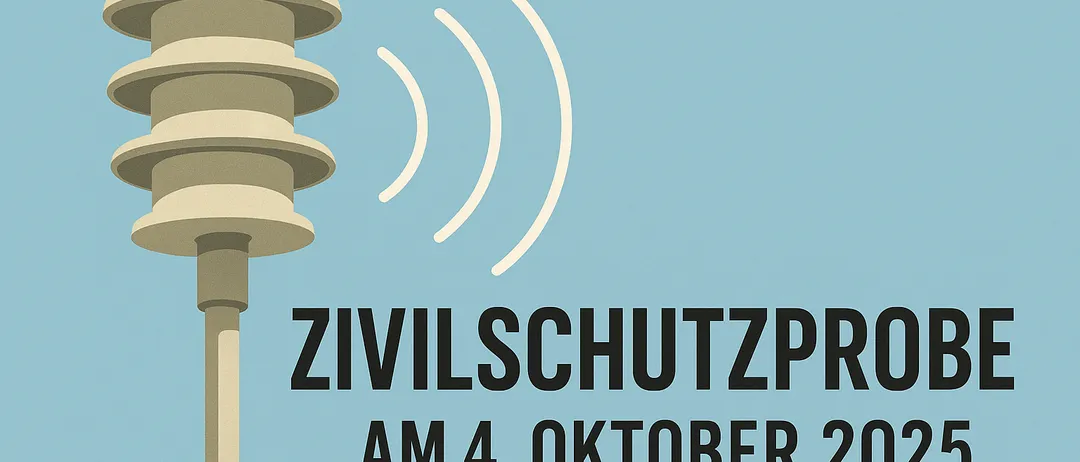 Eine Illustration einer Sirene mit dem Text Zivilschutzprobe auf blauem Hintergrund, datiert auf den 4. Oktober 2021.