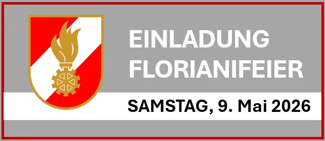 Das Florianfeuer-Logo auf grauem Hintergrund mit Datum, 'Samstag, 9. Mai 2026'. Das Logo zeigt eine Flamme und ein Zahnrad-Symbol.
