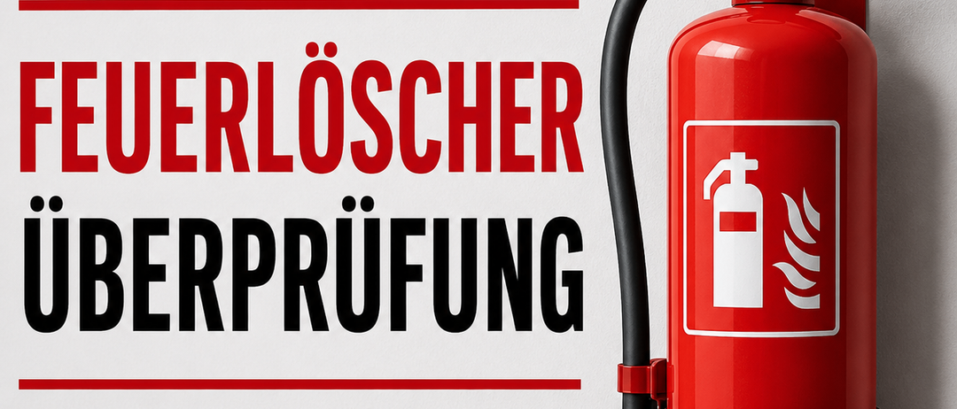 Ein roter Feuerlöscher, der an einer weißen Wand befestigt ist. Der Text lautet 'Feuerlöscher Überprufung'. Der Feuerlöscher hat einen weißen Aufkleber mit einem Flammensymbol.