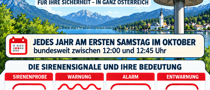 Plakat für Zivilschutzalarm in Österreich mit einer Berglandschaft, einer Sirene und Anweisungen für den jährlichen Test am ersten Samstag im Oktober. Es enthält Dauern und Aktionen für verschiedene Sirenensignale.
