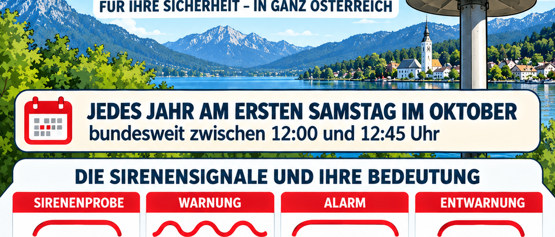 Plakat für Zivilschutzalarm in Österreich mit einer Berglandschaft, einer Sirene und Anweisungen für den jährlichen Test am ersten Samstag im Oktober. Es enthält Dauern und Aktionen für verschiedene Sirenensignale.