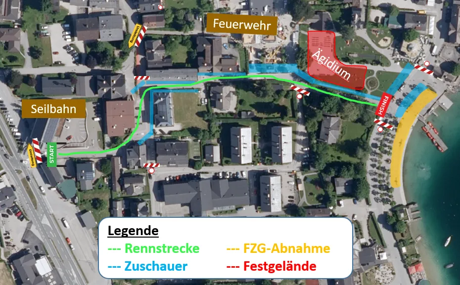Eine Karte zeigt eine Rennstrecke von START bis FINISH mit Wegen für das Rennen, die Feuerwehr und die Zuschauer. Der Rennweg umfasst eine Straße, eine Brücke und einen Tunnel. Der Weg der Feuerwehr ist rot markiert. Der Weg der Zuschauer ist grün markiert. Eine Legende erklärt die Wege.