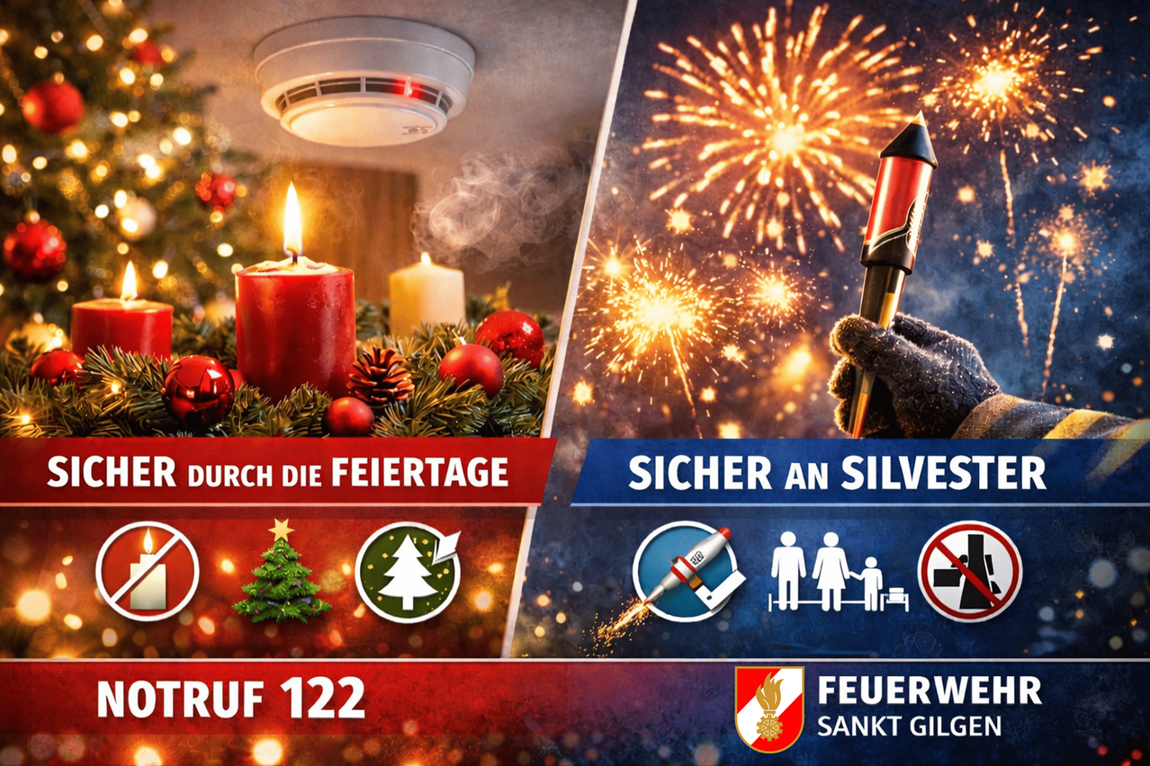Werbeanzeige mit Sicherheitstipps für die Feiertage. Links ein Weihnachtsbaum mit Kerzen und einem Rauchmelder. Rechts Feuerwerk, eine Hand, die einen Feuerwerkskörper hält, und ein rotes Feuersicherheitslogo. Es steht 'Durch die Feiertage,' 'Sicher an Silvester,' und 'Ruf 122.'