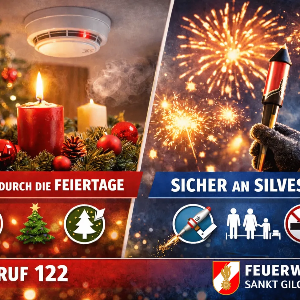 Werbeanzeige mit Sicherheitstipps für die Feiertage. Links ein Weihnachtsbaum mit Kerzen und einem Rauchmelder. Rechts Feuerwerk, eine Hand, die einen Feuerwerkskörper hält, und ein rotes Feuersicherheitslogo. Es steht 'Durch die Feiertage,' 'Sicher an Silvester,' und 'Ruf 122.'