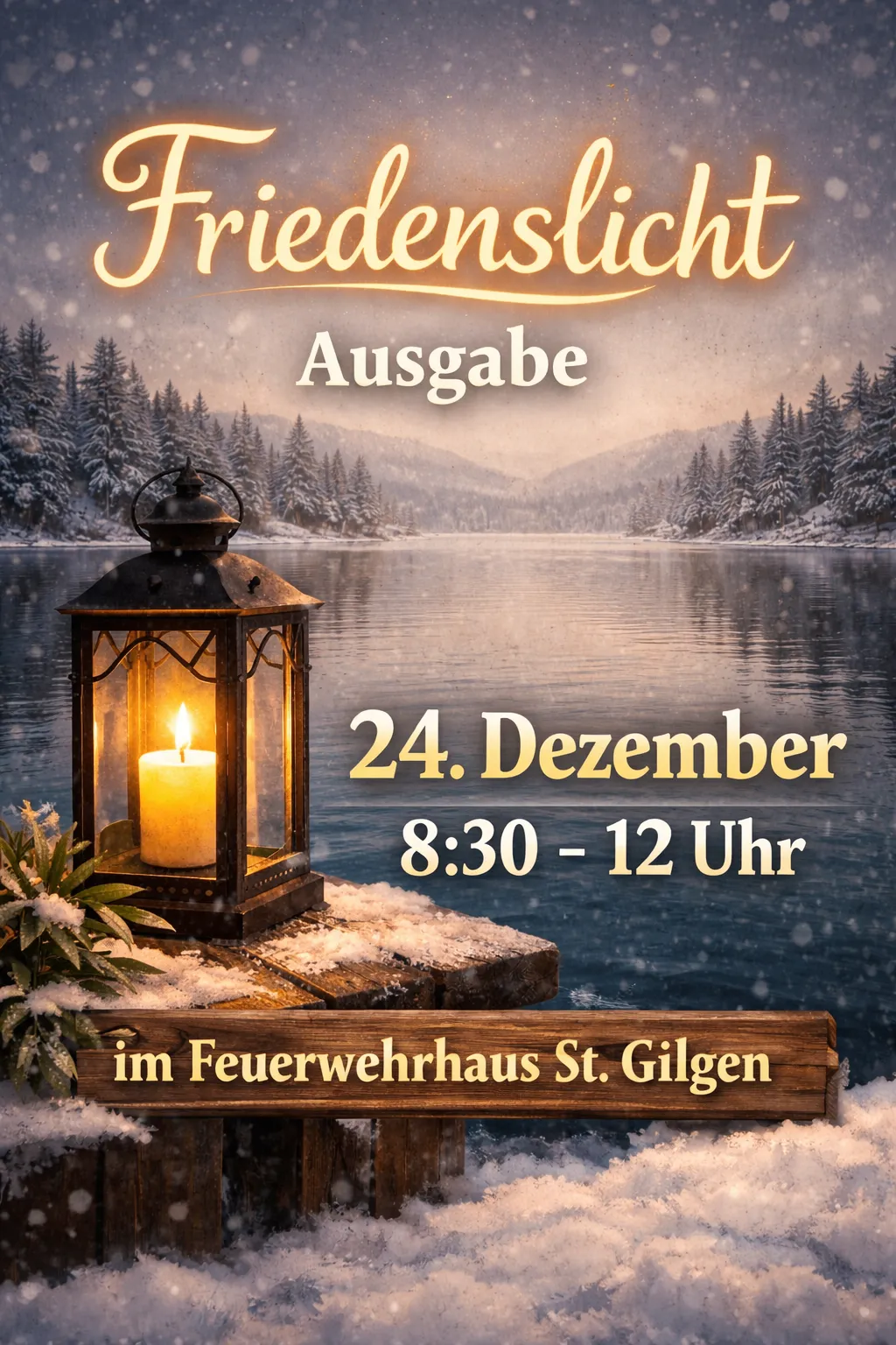 Eine Laterne mit einer brennenden Kerze steht auf einem verschneiten Steg am See. Der Text lautet 'Friedenslicht Ausgabe 24. Dezember 8:30 - 12 Uhr im Feuerwehrhaus St. Gilgen'.