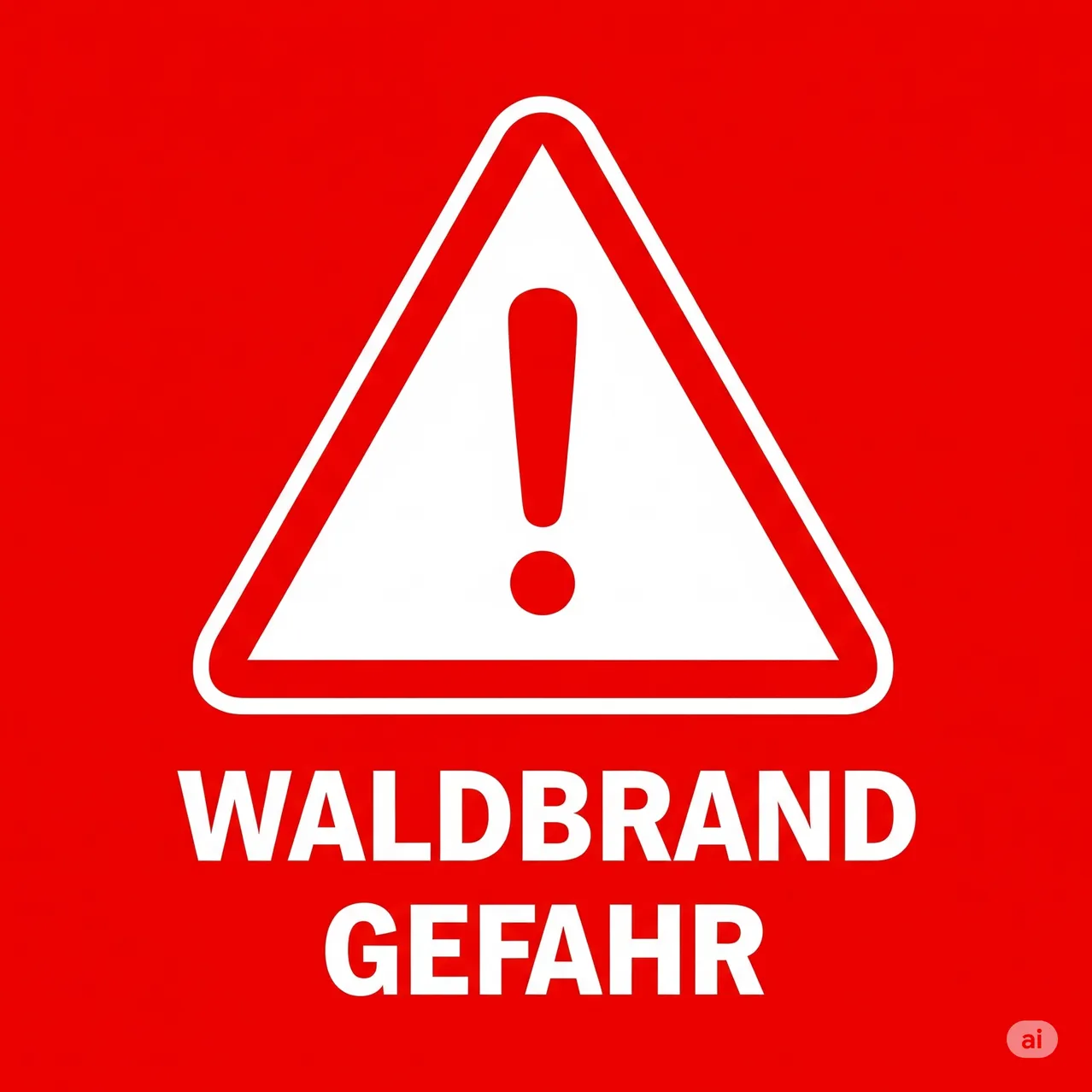 Ein rotes Schild mit einem weißen Dreieck und einem Ausrufezeichen warnt vor Waldbrandgefahr. Der Text lautet 'WALDBRAND GE FAHR'.