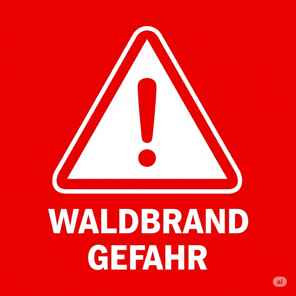Ein rotes Schild mit einem weißen Dreieck und einem Ausrufezeichen warnt vor Waldbrandgefahr. Der Text lautet 'WALDBRAND GE FAHR'.