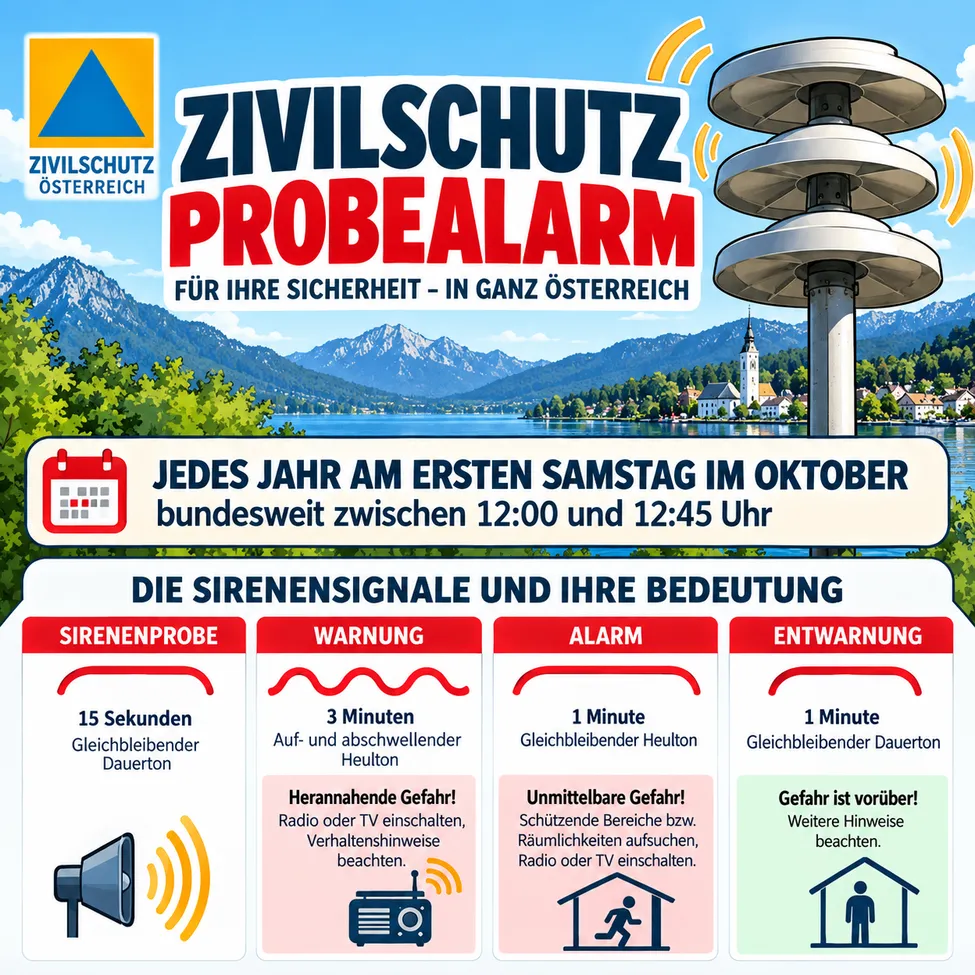 Ein Infografik über den Zivilschutzalarm in Österreich. Es zeigt die verschiedenen Sirenensignale und ihre Bedeutung. Der Alarm wird jährlich am ersten Samstag im Oktober zwischen 12:00 und 12:45 Uhr durchgeführt.