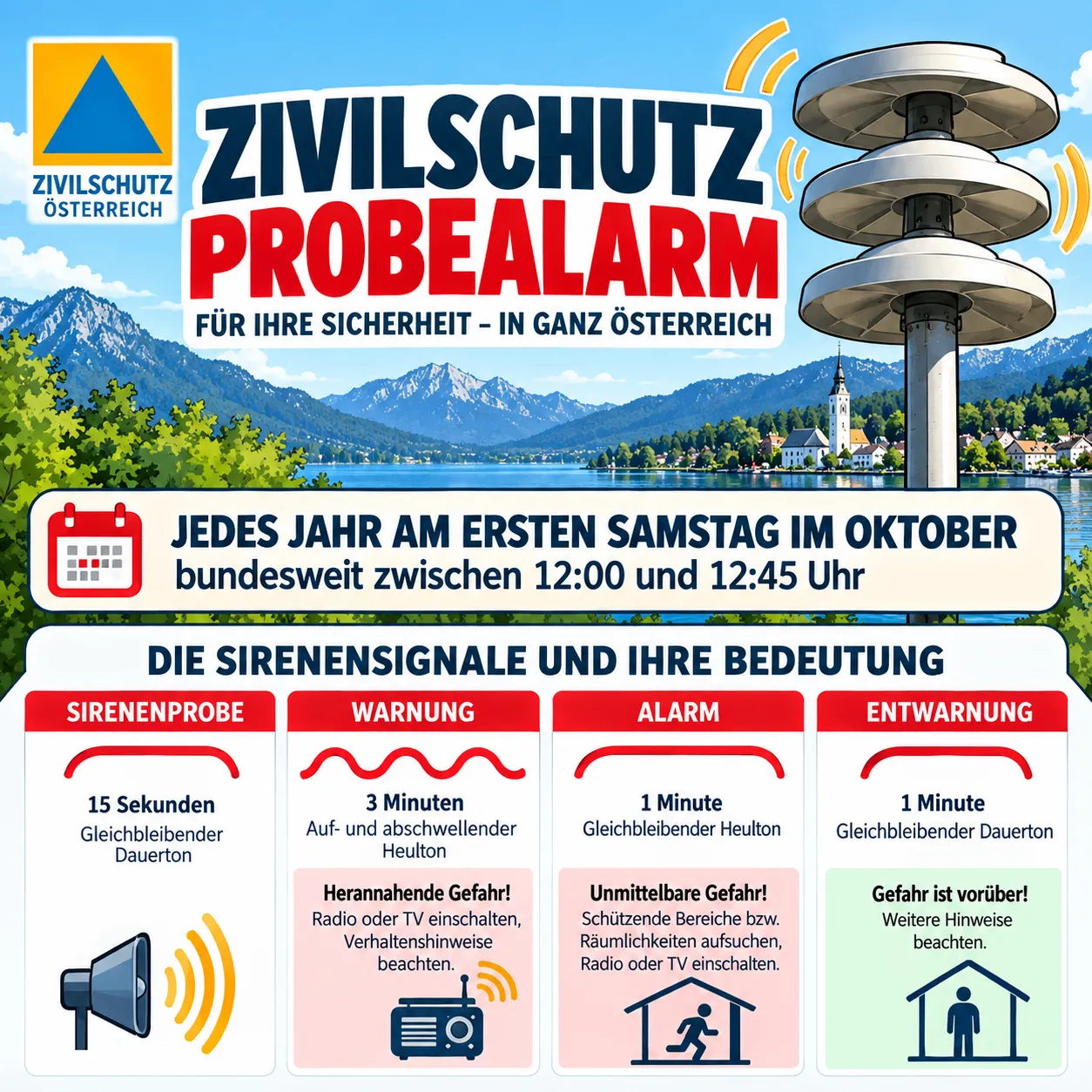 Ein Infografik über den Zivilschutzalarm in Österreich. Es zeigt die verschiedenen Sirenensignale und ihre Bedeutung. Der Alarm wird jährlich am ersten Samstag im Oktober zwischen 12:00 und 12:45 Uhr durchgeführt.