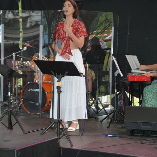 Bild enthält, Adult, Female, Person, Woman, Stage, Concert, Microphone, Male, Man, Face
