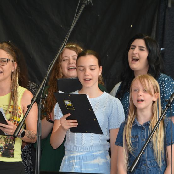 Bild enthält, Person, Adult, Female, Woman, Microphone, Face, Glasses, People, Group Performance, Concert