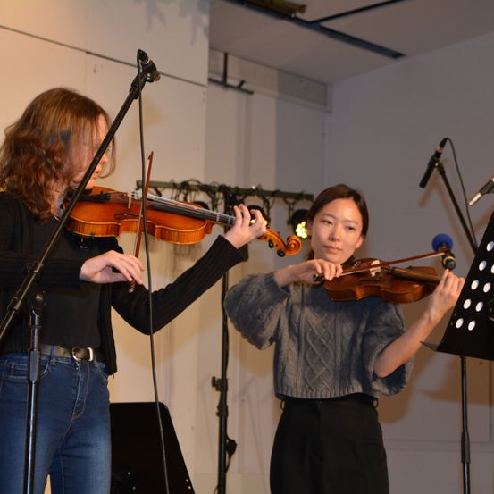 Bild enthält, Musical Instrument, Violin, Person, Adult, Female, Woman, Microphone, Jeans, Group Performance, Guitar