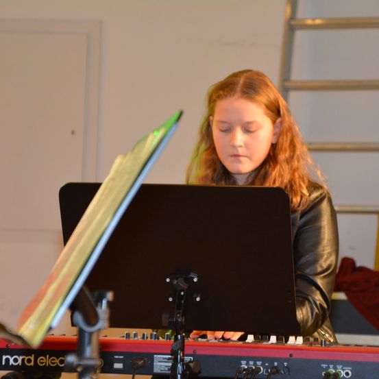 Bild enthält, Laptop, Pc, Child, Female, Girl, Person, Face, Head, Musical Instrument, Musician