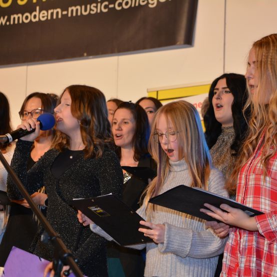 Bild enthält, Microphone, Adult, Female, Person, Woman, Group Performance, People, Face, Glasses, Crowd