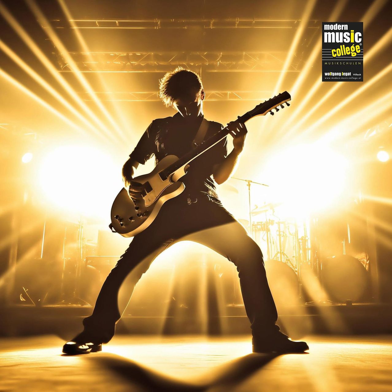 Ein Gitarrist spielt auf der Bühne unter Scheinwerfern, mit einem Schlagzeug im Hintergrund. Die Szene ist lebendig und energiegeladen.