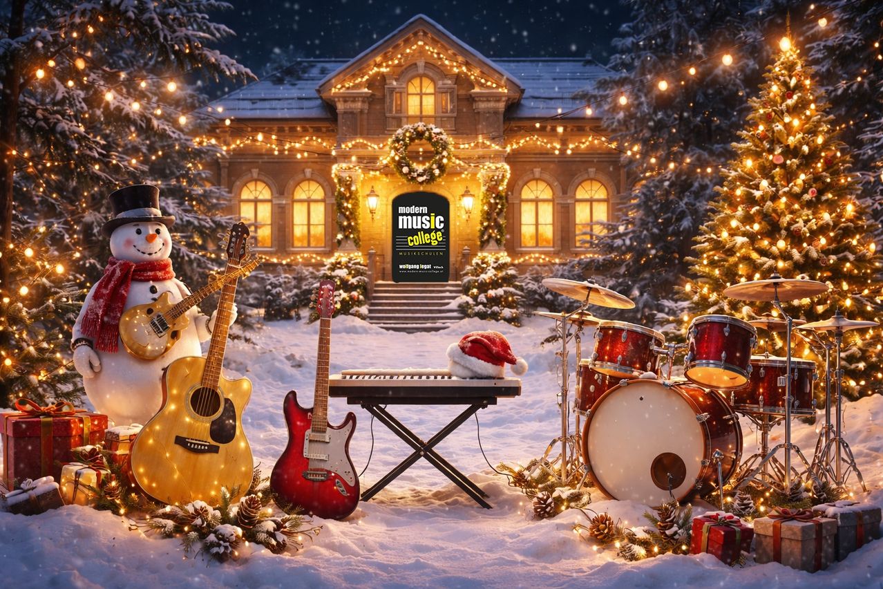 Ein für Weihnachten geschmücktes Haus mit Musikinstrumenten und einem Schneemann davor. Ein Schlagzeug, eine Gitarre und ein Klavier stehen im Schnee. Das Haus ist mit Weihnachtslichtern beleuchtet und hat einen Kranz über der Tür.