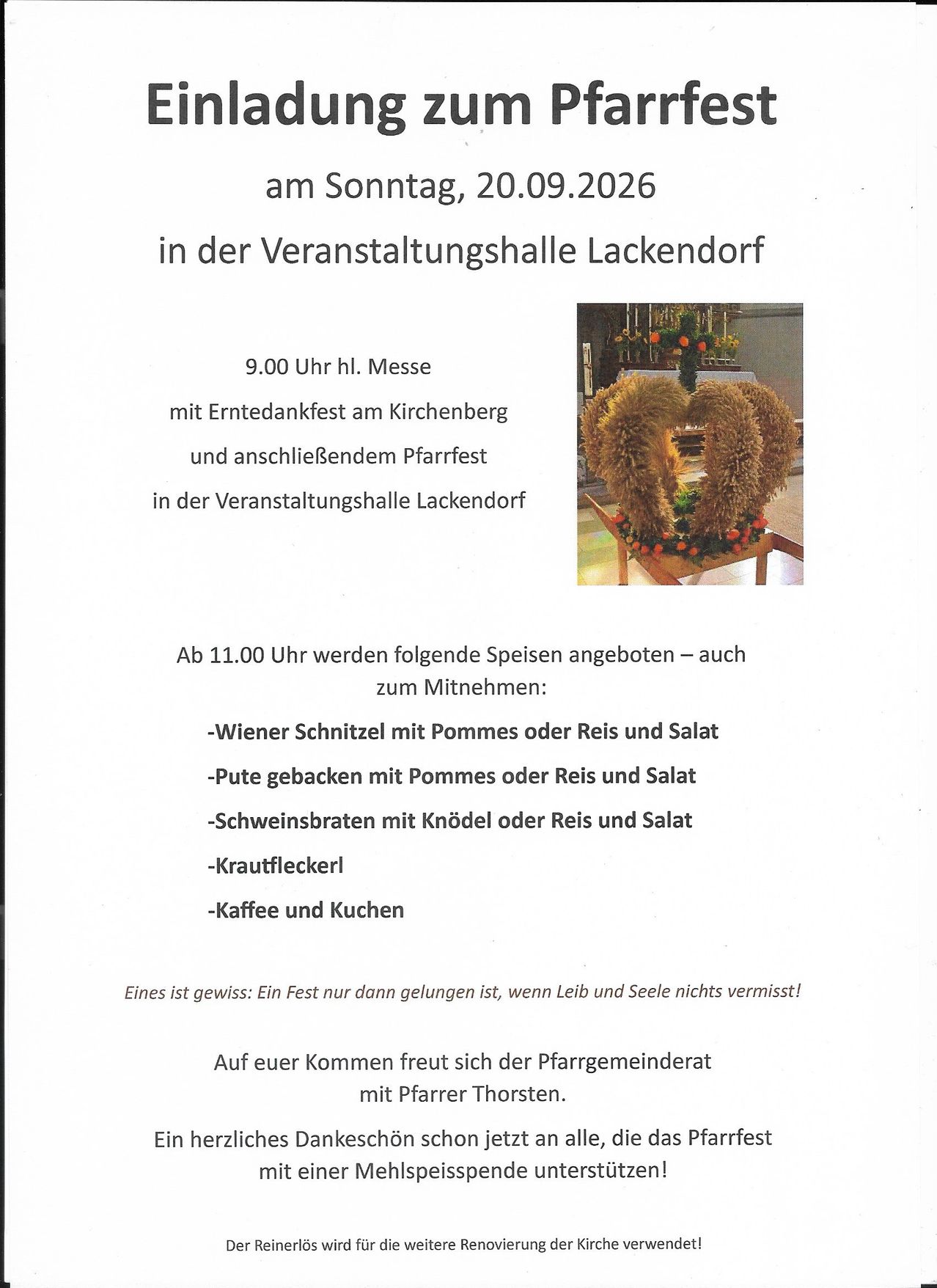 A flyer for an event on Sunday, September 20, 2026, at the Lackendorf Event Hall. It includes a schedule for a mass at 9:00 AM, followed by a prayer service. A menu for a meal at 11:00 AM is also listed. The image shows a floral arrangement.