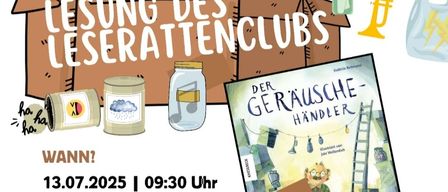 Ein Plakat für eine Lesung in der öffentlichen Bibliothek von Raasdorf, Deutschland. Zeigt eine lila Plüschpuppe und das Buchcover von 'Der Gerausche-Handler'. Geplant für den 13. Juli 2025 um 9:30 Uhr.