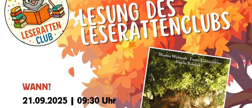 Einladung zum Leseclub am 21.09.2025 um 09:30 Uhr in der öffentlichen Bibliothek in Raasdorf. Ein Charakter, der ein Buch liest, ist abgebildet, mit einem Buchcover von 'Als der Wald erwachte'. Eine Leseaktivität für Kinder wird vorgeschlagen.