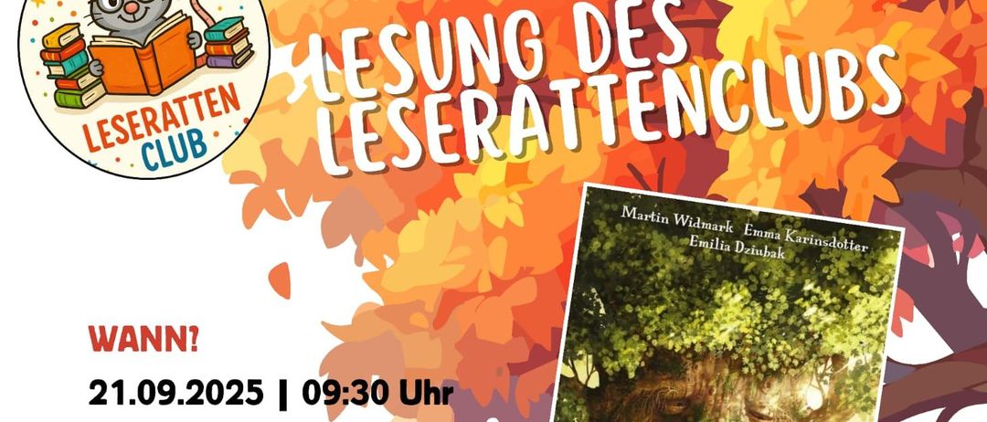 Einladung zum Leseclub am 21.09.2025 um 09:30 Uhr in der öffentlichen Bibliothek in Raasdorf. Ein Charakter, der ein Buch liest, ist abgebildet, mit einem Buchcover von 'Als der Wald erwachte'. Eine Leseaktivität für Kinder wird vorgeschlagen.