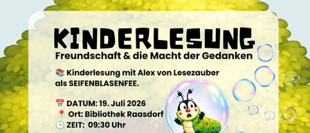 A poster for a children's reading event titled 'Friendship & the Power of Thoughts'. It features a fairy and a caterpillar, with details about the date, time, location, and program. The event is free and participants are asked to wear clothing that can get dirty.