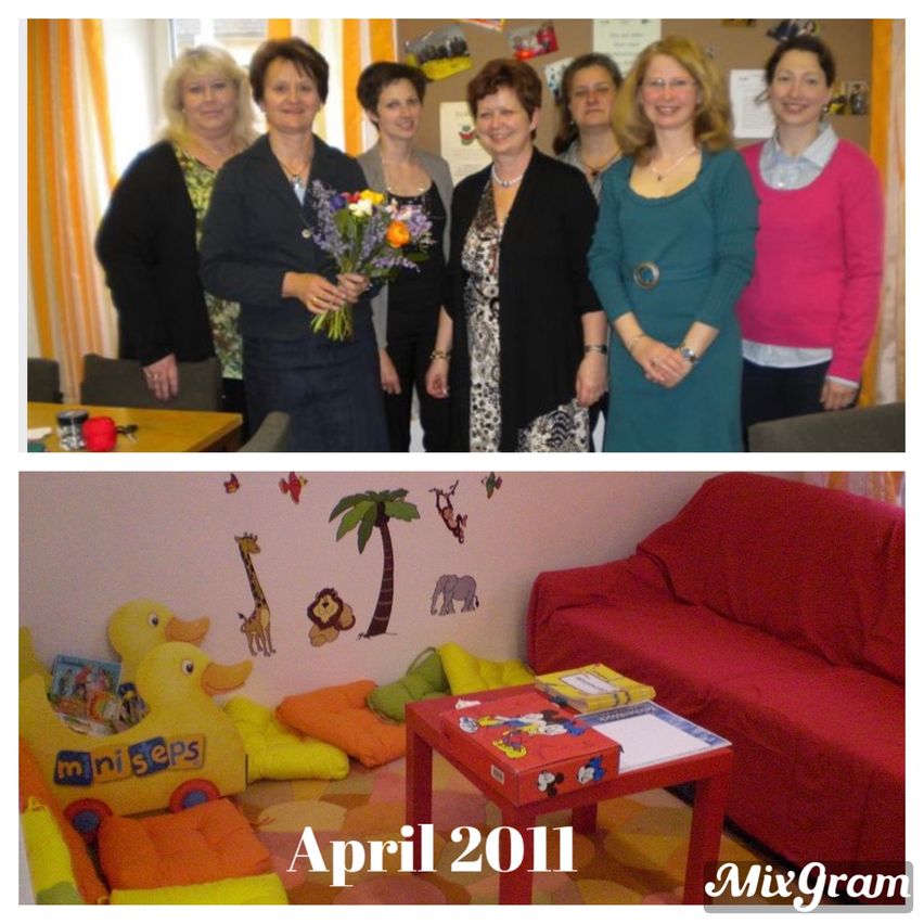 Zwei Bilder: Eins zeigt sechs lächelnde Frauen in einem Raum. Das andere zeigt einen Kinderzimmer mit einem roten Sofa, Spielzeug und Tieraufklebern an der Wand. Beide haben den Text 'April 2011'.