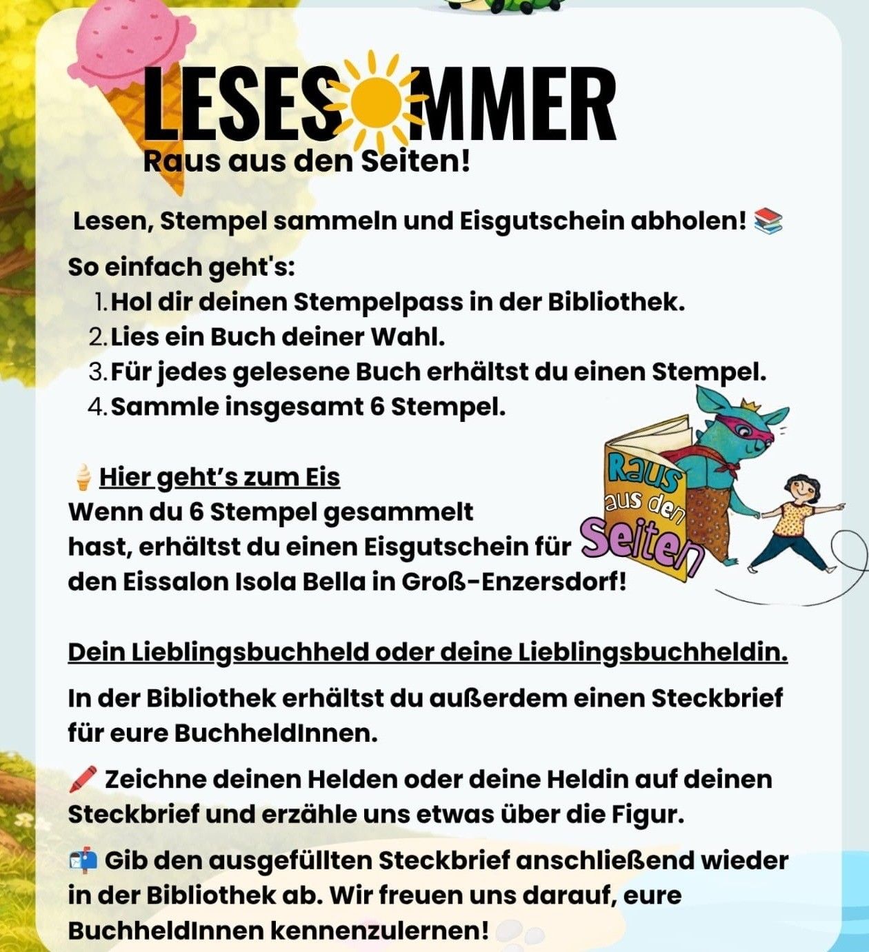 Lesesommer: Eisgutschein für die Bibliothek in Groß-Enzersdorf, Comic-Drache und Kind