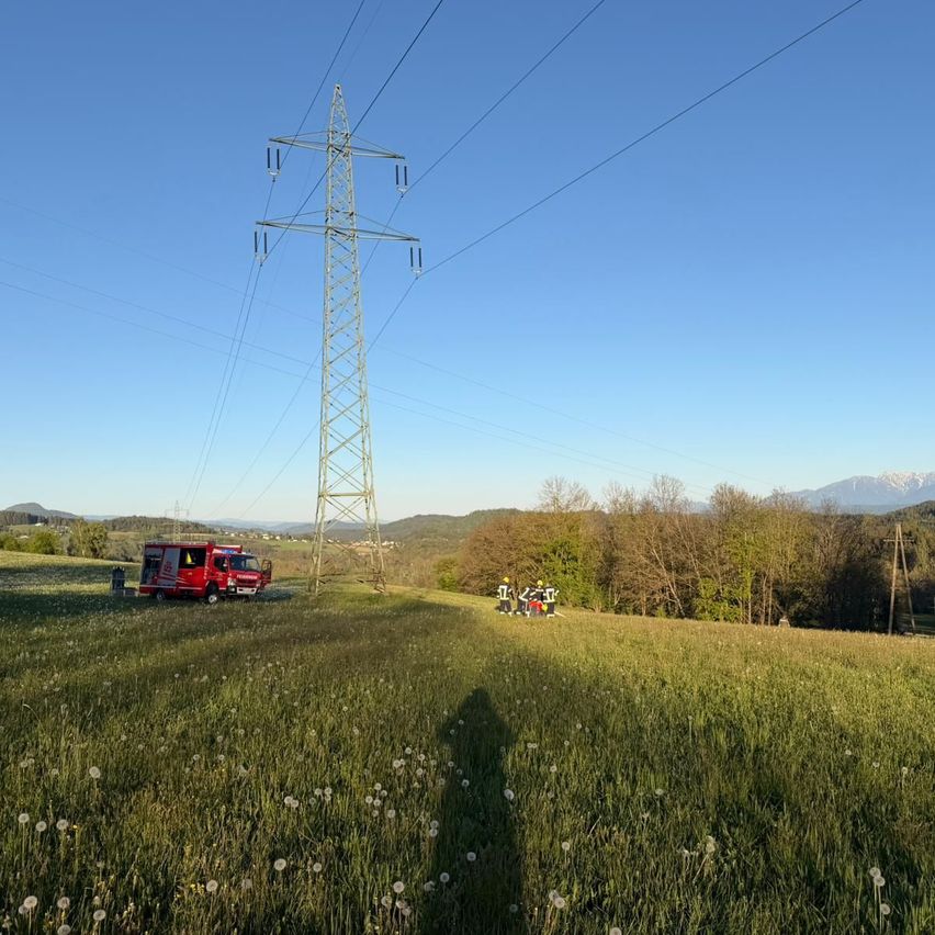 Ein roter Feuerwehrwagen in einem Feld mit hohem Gras und einem hohen Strommast, mit Leuten in gelben Helmen in der Nähe.
